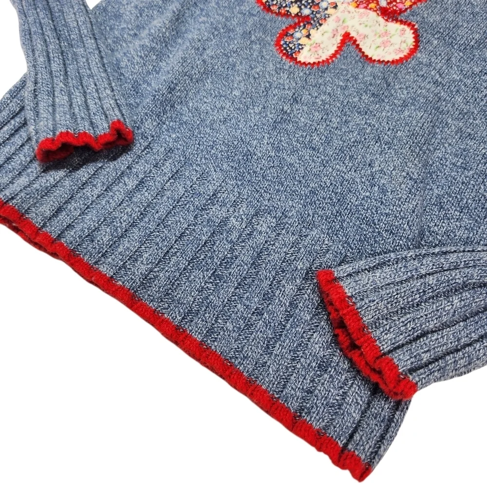 Knitty Gritty Girls Sweater Blue Mock Neck Medium Flower Patch Hippie Boho